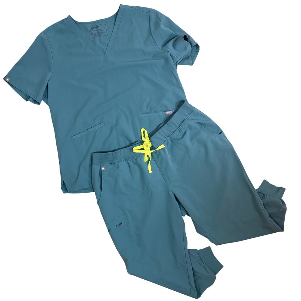 FIGS Scrub Set Womens 2XL Top 3XL P Bottoms Teal Blue Jogger V-Neck Lagoon